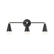 Maxim Lighting Lovell 3-Light Bath Vanity in Black with Satin Brass finish, featuring a sleek steel design with three elegant, cylindrical light fixtures.