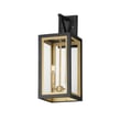 Maxim Lighting Neoclass Outdoor Wall Sconce in Black with Gold finish, featuring an elegant aluminum and glass design, mounted on an exterior wall.