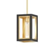Maxim Lighting Neoclass Outdoor Pendant in Black with Gold finish, featuring an elegant aluminum frame and clear glass panels, hanging against a neutral background.
