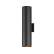 Maxim Lighting Outpost Outdoor Wall Sconce in Black Aluminum finish, featuring a sleek, modern design with a cylindrical shape and clear glass shade.