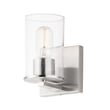 Maxim Lighting Sleek Bath Wall Sconce in Satin Nickel finish, featuring a modern design with steel and glass elements, mounted on a bathroom wall.