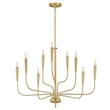 Maxim Lighting's Vela Chandelier in Satin Brass finish, featuring a modern steel frame with multiple candle-like lights elegantly arranged.
