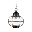 Maxim Lighting Portsmouth Outdoor Pendant with a classic design, featuring a weathered finish and clear glass, hanging from a chain on a porch.