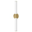 Maxim Lighting Tubo Round Bathroom Vanity Light in Natural Aged Brass finish, featuring PMMA Acrylic and Aluminum materials, mounted on a bathroom wall.