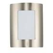 View Outdoor Wall Light by Maxim Lighting in Stainless Steel finish with a sleek, modern design, mounted on a textured wall, emitting a warm glow.