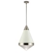 Maxim Lighting Hargreaves Pendant in Polished Nickel finish, featuring a sleek steel frame and clear glass shade, hanging elegantly in a modern setting.