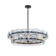 Maxim Lighting Loren Chandelier with a Gunmetal finish, featuring elegant recycled glass shades and a sleek steel frame, hanging in a modern room.