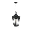 Maxim Lighting Oxford Outdoor Pendant in Black finish, featuring a Steel frame with clear Glass panels, hanging from a chain, illuminating a patio area.