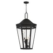 Maxim Lighting Oxford Outdoor Pendant in Black finish, featuring a sleek Steel frame with clear Glass panels, hanging elegantly in an outdoor setting.