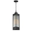 Maxim Lighting Triform Tall Outdoor Pendant in Black with Antique Brass finish, featuring an Aluminum and Glass design, hanging in an outdoor setting.