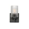Maxim Lighting Rigata Wall Sconce with a sleek Black finish, featuring a Steel frame and Glass shade, elegantly mounted on a wall.