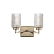 Maxim Lighting Rigata Bath Vanity in Satin Champagne finish, featuring a sleek steel frame and frosted glass shades, elegantly illuminating a modern bathroom.