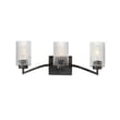 Maxim Lighting Rigata Bath Vanity features a sleek design with a black steel frame and clear glass shades, perfect for modern bathroom settings.