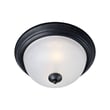 Maxim Lighting Essentials 584x Flush Mount featuring a sleek black steel frame with a frosted glass shade, providing a modern and elegant ceiling light.