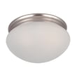 Maxim Lighting Essentials 588x Flush Mount in Satin Nickel finish with a sleek, round design featuring a frosted glass diffuser and steel base.