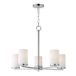Maxim Lighting Lateral Chandelier in Satin Nickel finish, featuring a modern design with steel and glass elements, elegantly suspended from the ceiling.
