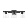 Maxim Lighting Scoop Bathroom Vanity Light features a sleek black steel frame with two glass shades, perfect for modern bathroom decor.