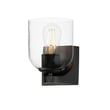 Maxim Lighting Scoop Bathroom Wall Sconce features a sleek black steel frame with a curved glass shade, providing modern elegance to any bathroom.