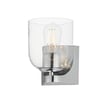 Maxim Lighting Scoop Bathroom Wall Sconce in polished chrome finish, featuring a sleek steel frame with a curved glass shade for a modern touch.