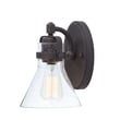 Maxim Lighting Seafarer Wall Sconce featuring a steel frame with oil rubbed bronze finish and clear glass shade, mounted on a wall.