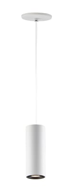 ET2 Dwell Pendant, a sleek aluminum light fixture with a modern design, featuring a white finish and elegant curves, hanging from a ceiling.