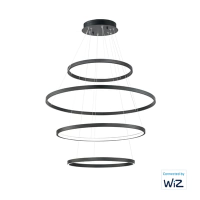 ET2 Groove Four Tier Pendant light fixture made of black aluminum with a modern design, featuring four tiered rings for a sleek, contemporary look.