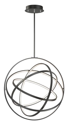 ET2 Gyro Pendant Light with an Aluminum finish, featuring a spherical design with intersecting rings, suspended by a sleek black cord.
