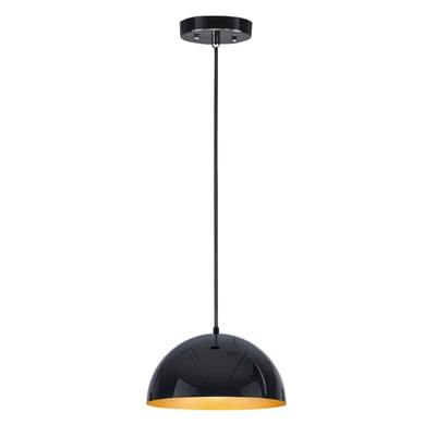 ET2 Hemisphere Pendant in Gloss Black with Gold finish, made of Aluminum and Steel, hanging elegantly from the ceiling, illuminating the space.
