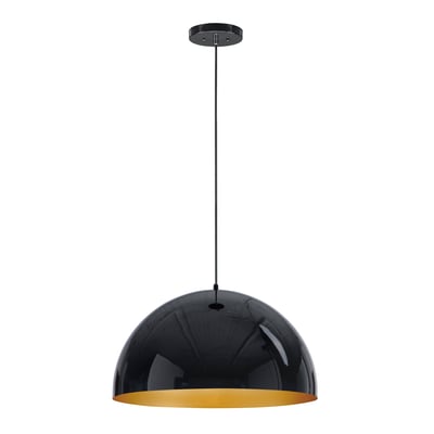 ET2 Hemisphere Pendant light in Gloss Black with Gold finish, featuring a sleek aluminum and steel design, hanging elegantly in a modern setting.