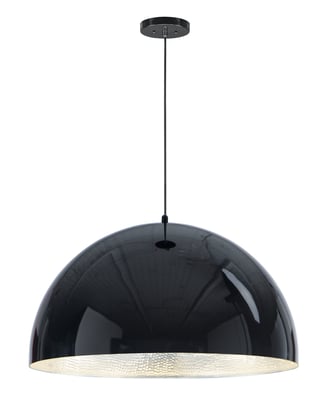 ET2 Hemisphere Pendant in Gloss Black with Aluminum finish, featuring a sleek, modern dome shape suspended from a thin wire, illuminating a stylish space.