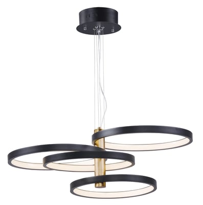 ET2 Hoopla Pendant, a modern light fixture with a sleek design, features a circular aluminum frame in black with gold accents, elegantly suspended.