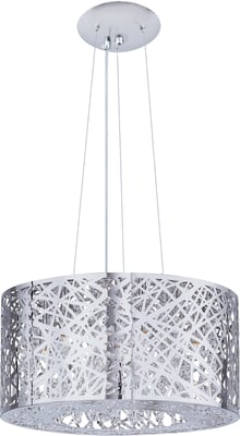 ET2 Inca Round Pendant in Polished Chrome finish, featuring a steel frame with intricate laser-cut patterns and sparkling crystal accents.