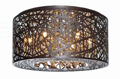 ET2 Inca Ceiling Light Fixture with a steel frame and bronze finish, featuring intricate geometric patterns and warm ambient lighting.