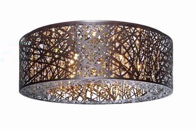 ET2 Inca Ceiling Light Fixture with a bronze finish, featuring a steel frame and intricate geometric patterns, casting elegant light patterns on the ceiling.