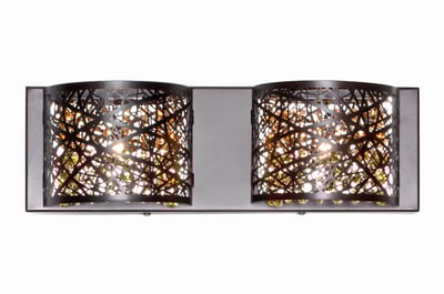 ET2 Inca Bathroom Vanity Light with a Bronze finish, featuring intricate steel design and sparkling crystal accents, mounted above a bathroom mirror.