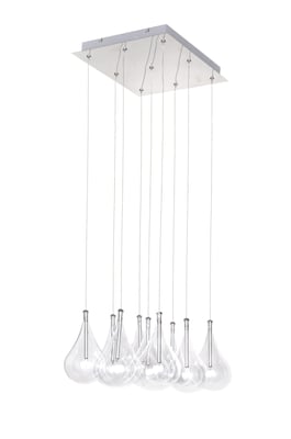 ET2 Larmes Square Multi-Light Pendant featuring sleek glass bulbs suspended from a polished chrome square base.