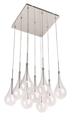 ET2 Larmes Square Multi-Light Pendant featuring glass teardrop-shaped lights suspended from a polished chrome square base.