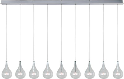 ET2 Larmes Linear Suspension light fixture in Polished Chrome finish, featuring a sleek Steel design with multiple hanging glass bulb pendants.