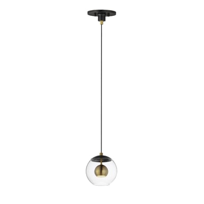 ET2 Nucleus Pendant featuring a sleek design in Steel, finished in Black with Natural Aged Brass accents, hanging elegantly from the ceiling.