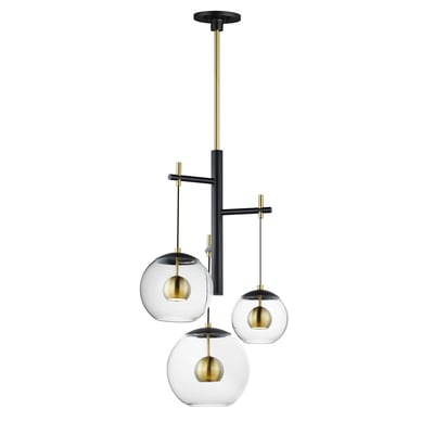ET2 Nucleus Multi-Light Pendant in Black with Natural Aged Brass finish, featuring a modern design with multiple steel light fixtures hanging at varied heights.