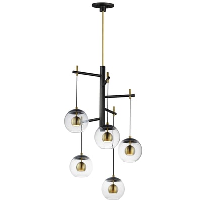 ET2 Nucleus Multi-Light Pendant in Black with Natural Aged Brass finish, featuring a modern design with multiple steel light fixtures hanging at varying heights.