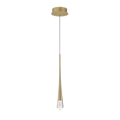 ET2 Pierce Pendant, a modern aluminum light fixture with a sleek gold finish, suspended from the ceiling, casting a warm glow in a contemporary setting.