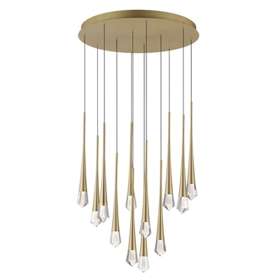 ET2 Pierce Multi Pendant light fixture with a sleek design, featuring multiple aluminum pendants in a gold finish, elegantly hanging at varied lengths.