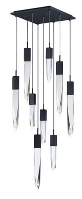 ET2 Quartz Multi-Light Pendant in a sleek steel finish, featuring multiple hanging lights with a modern black design, illuminating a contemporary space.