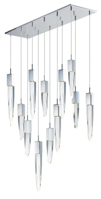 ET2 Quartz Multi-Light Pendant in Polished Chrome finish, featuring a modern design with multiple steel light fixtures hanging at varying lengths.