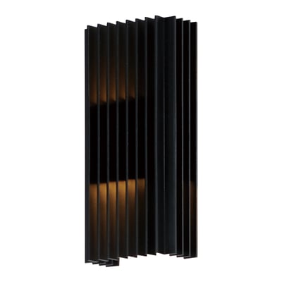 ET2 Rampart Outdoor Wall Sconce in Black finish, made of Aluminum, mounted on a brick wall, casting a warm, inviting glow.