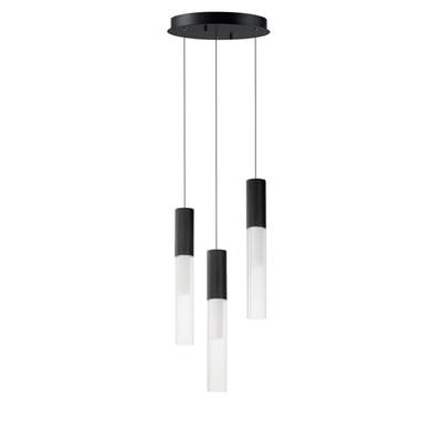 ET2 Reeds Multi-Light Pendant featuring sleek black finish with cascading steel and glass elements, creating a modern and elegant lighting design.