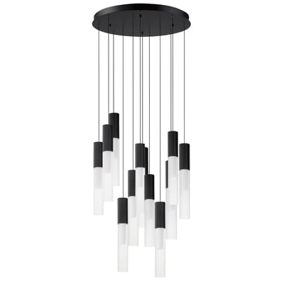 ET2 Reeds Multi-Light Pendant featuring sleek black finish with elegant steel and aluminum construction, showcasing multiple glass light fixtures.