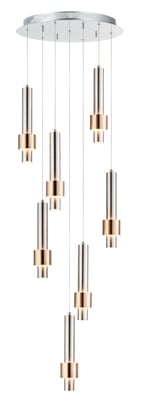 ET2 Reveal Mini Pendant in Aluminum with a Satin Nickel and Satin Brass finish, elegantly hanging and illuminating a modern interior space.