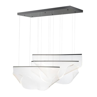 ET2 Rinkle 3-Light Linear Pendant in Brushed Gunmetal finish, featuring a sleek steel frame with three cylindrical lights hanging in a row.